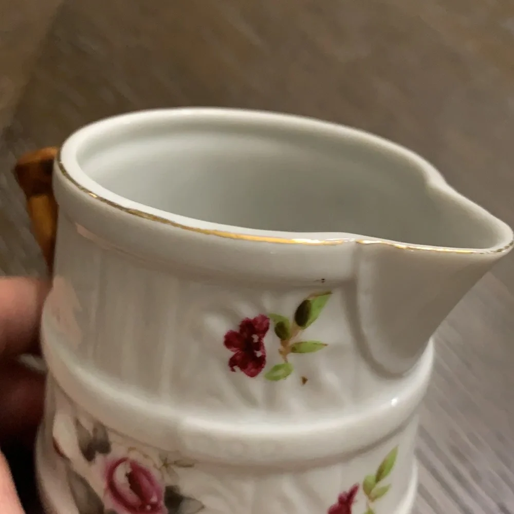 Bone China with faux bois handle with floral barrel creamer pitcher